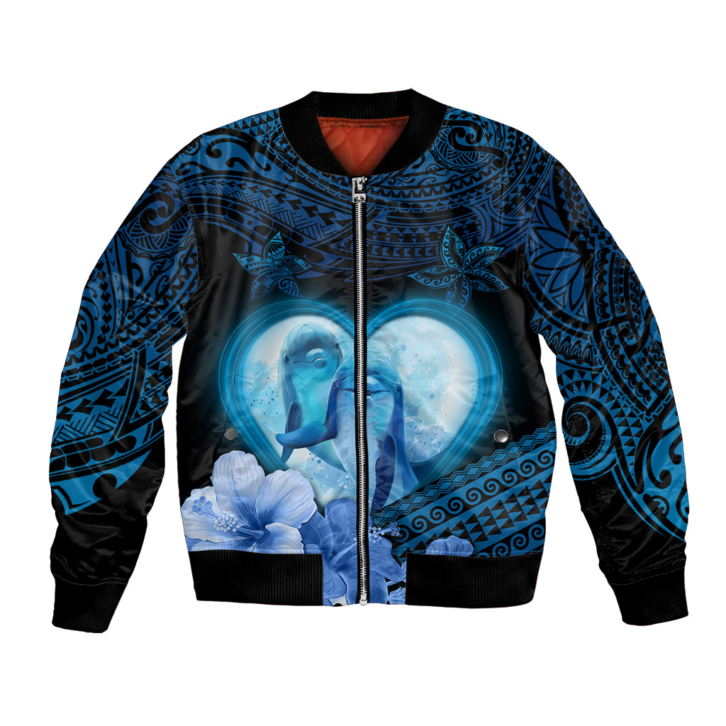 Dolphin Couple Love Story Valentine Day Bomber Jacket With Polynesian Tribal Tattoo Blue Style LT03 Unisex Blue - Polynesian Pride