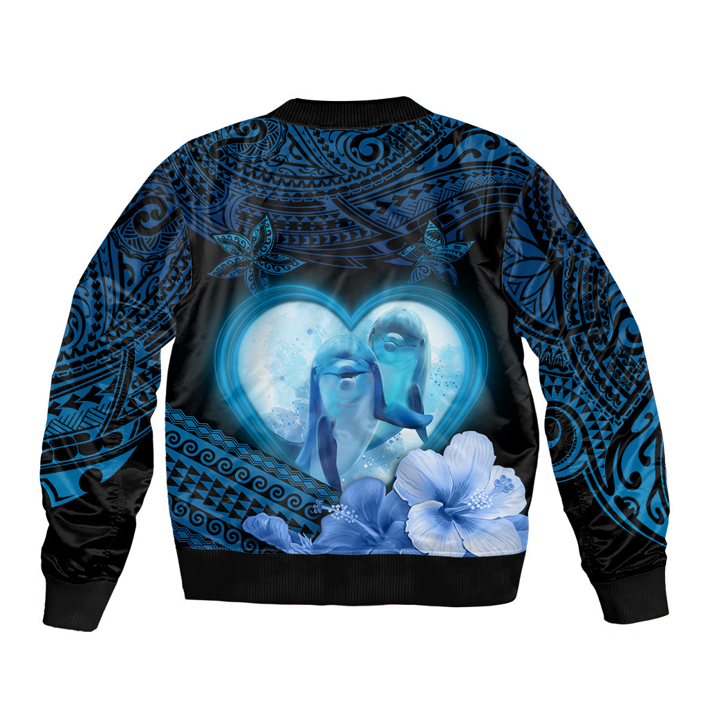 Dolphin Couple Love Story Valentine Day Bomber Jacket With Polynesian Tribal Tattoo Blue Style LT03 - Polynesian Pride