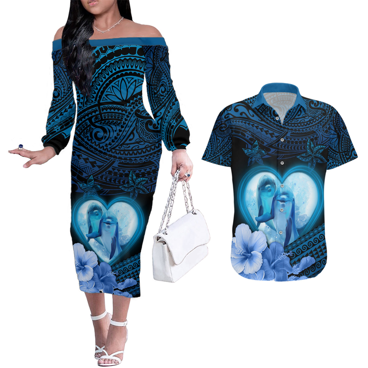 Dolphin Couple Love Story Valentine Day Couples Matching Off The Shoulder Long Sleeve Dress and Hawaiian Shirt With Polynesian Tribal Tattoo Blue Style LT03 Blue - Polynesian Pride