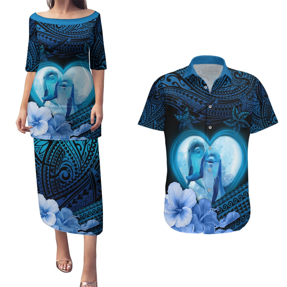 Dolphin Couple Love Story Valentine Day Couples Matching Puletasi and Hawaiian Shirt With Polynesian Tribal Tattoo Blue Style LT03 Blue - Polynesian Pride