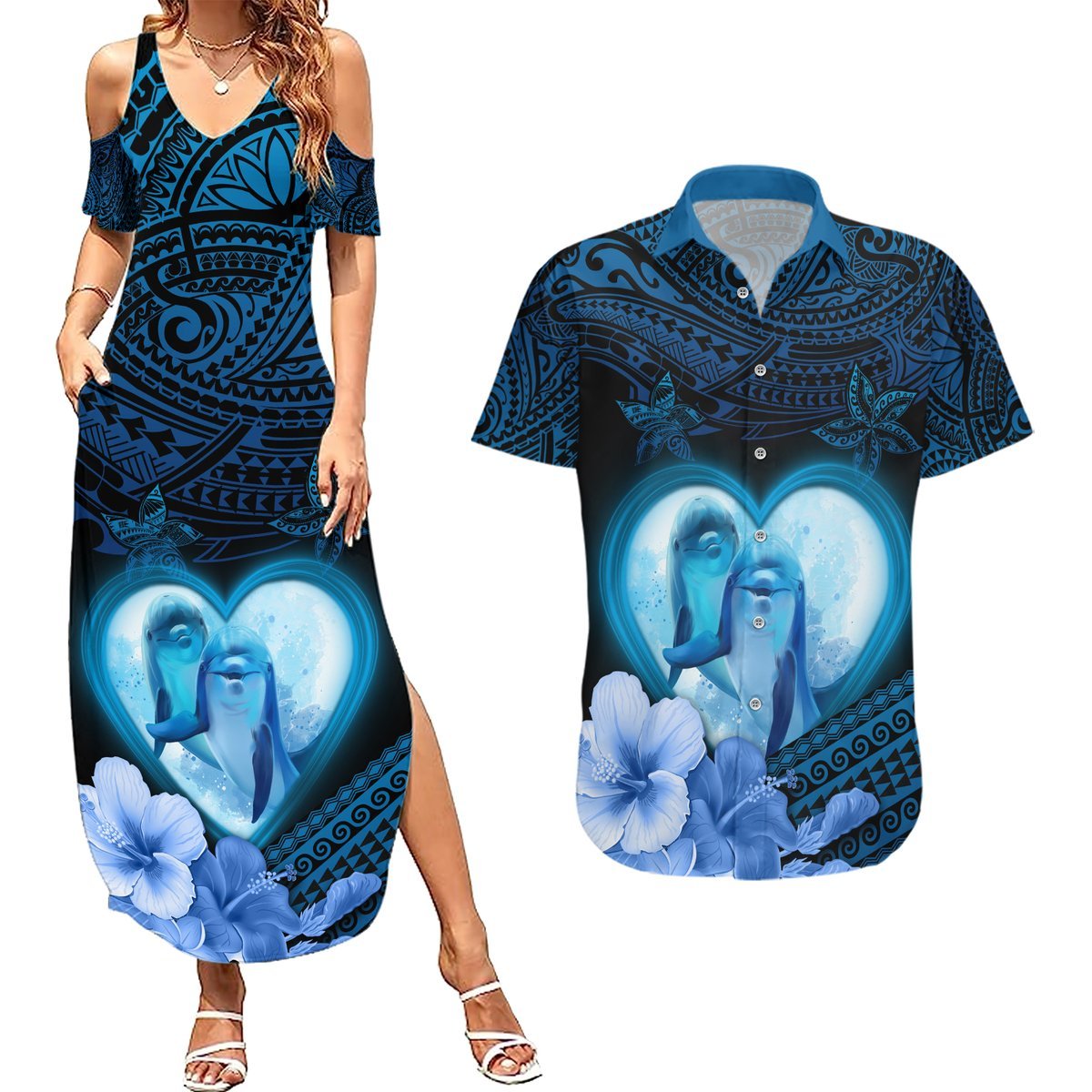 Dolphin Couple Love Story Valentine Day Couples Matching Summer Maxi Dress and Hawaiian Shirt With Polynesian Tribal Tattoo Blue Style LT03 Blue - Polynesian Pride