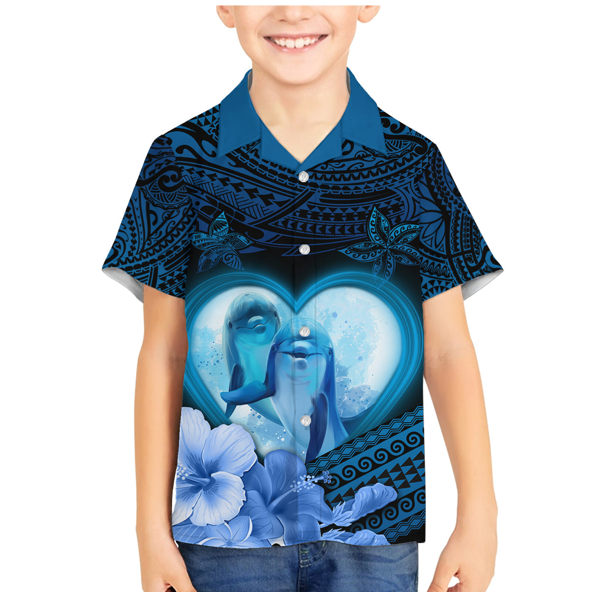 Dolphin Couple Love Story Valentine Day Family Matching Mermaid Dress and Hawaiian Shirt With Polynesian Tribal Tattoo Blue Style LT03 Son's Shirt Blue - Polynesian Pride