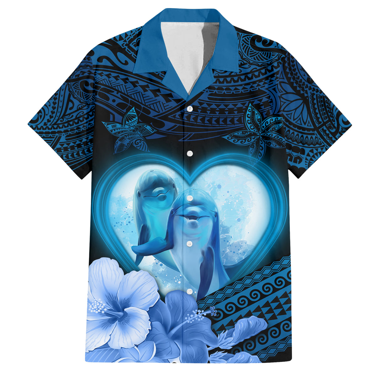 Dolphin Couple Love Story Valentine Day Family Matching Off Shoulder Maxi Dress and Hawaiian Shirt With Polynesian Tribal Tattoo Blue Style LT03 Dad's Shirt - Short Sleeve Blue - Polynesian Pride