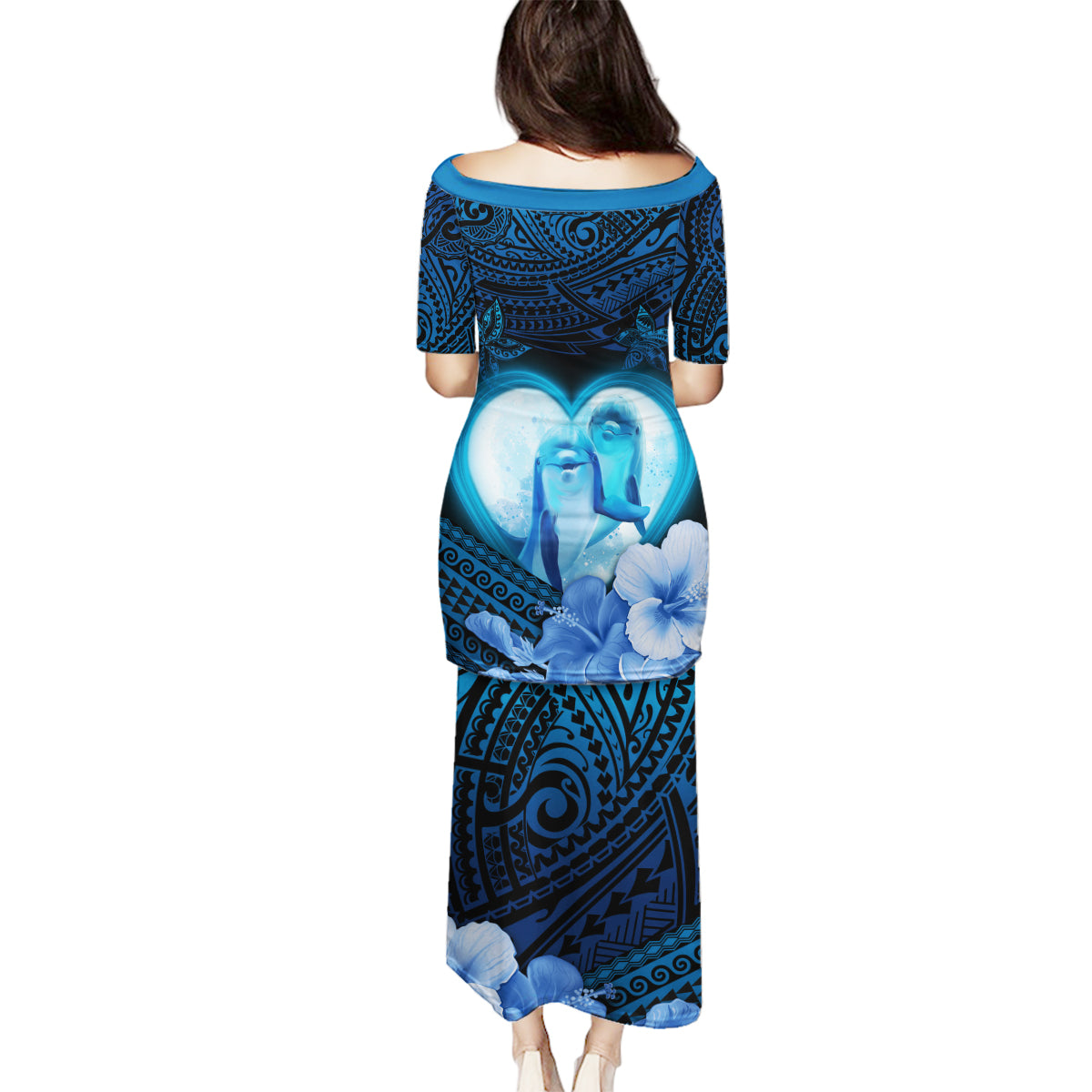 Dolphin Couple Love Story Valentine Day Family Matching Puletasi and Hawaiian Shirt With Polynesian Tribal Tattoo Blue Style LT03 - Polynesian Pride