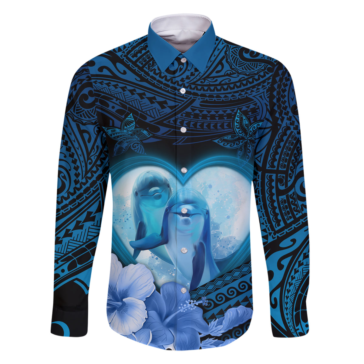 Dolphin Couple Love Story Valentine Day Family Matching Short Sleeve Bodycon Dress and Hawaiian Shirt With Polynesian Tribal Tattoo Blue Style LT03 Dad's Shirt - Long Sleeve Blue - Polynesian Pride
