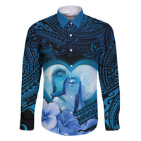 Dolphin Couple Love Story Valentine Day Family Matching Short Sleeve Bodycon Dress and Hawaiian Shirt With Polynesian Tribal Tattoo Blue Style LT03 Dad's Shirt - Long Sleeve Blue - Polynesian Pride