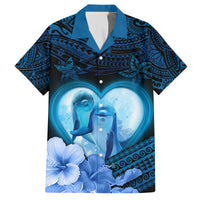 Dolphin Couple Love Story Valentine Day Family Matching Tank Maxi Dress and Hawaiian Shirt With Polynesian Tribal Tattoo Blue Style LT03 Dad's Shirt - Short Sleeve Blue - Polynesian Pride