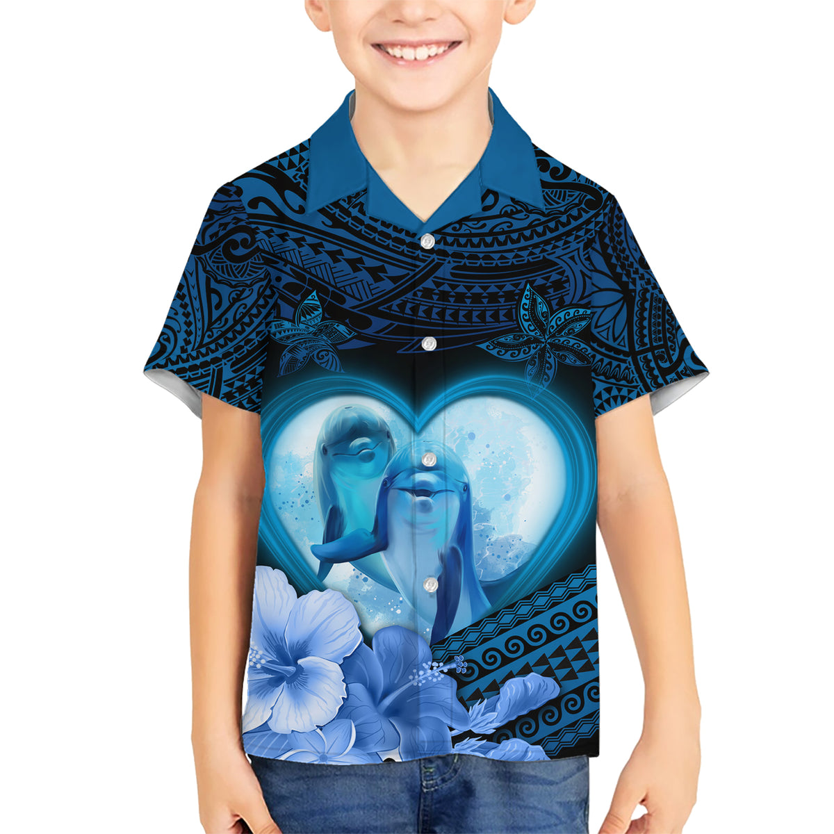 Dolphin Couple Love Story Valentine Day Kid Hawaiian Shirt With Polynesian Tribal Tattoo Blue Style LT03 Kid Blue - Polynesian Pride