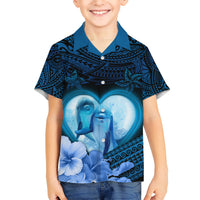 Dolphin Couple Love Story Valentine Day Kid Hawaiian Shirt With Polynesian Tribal Tattoo Blue Style LT03 Kid Blue - Polynesian Pride