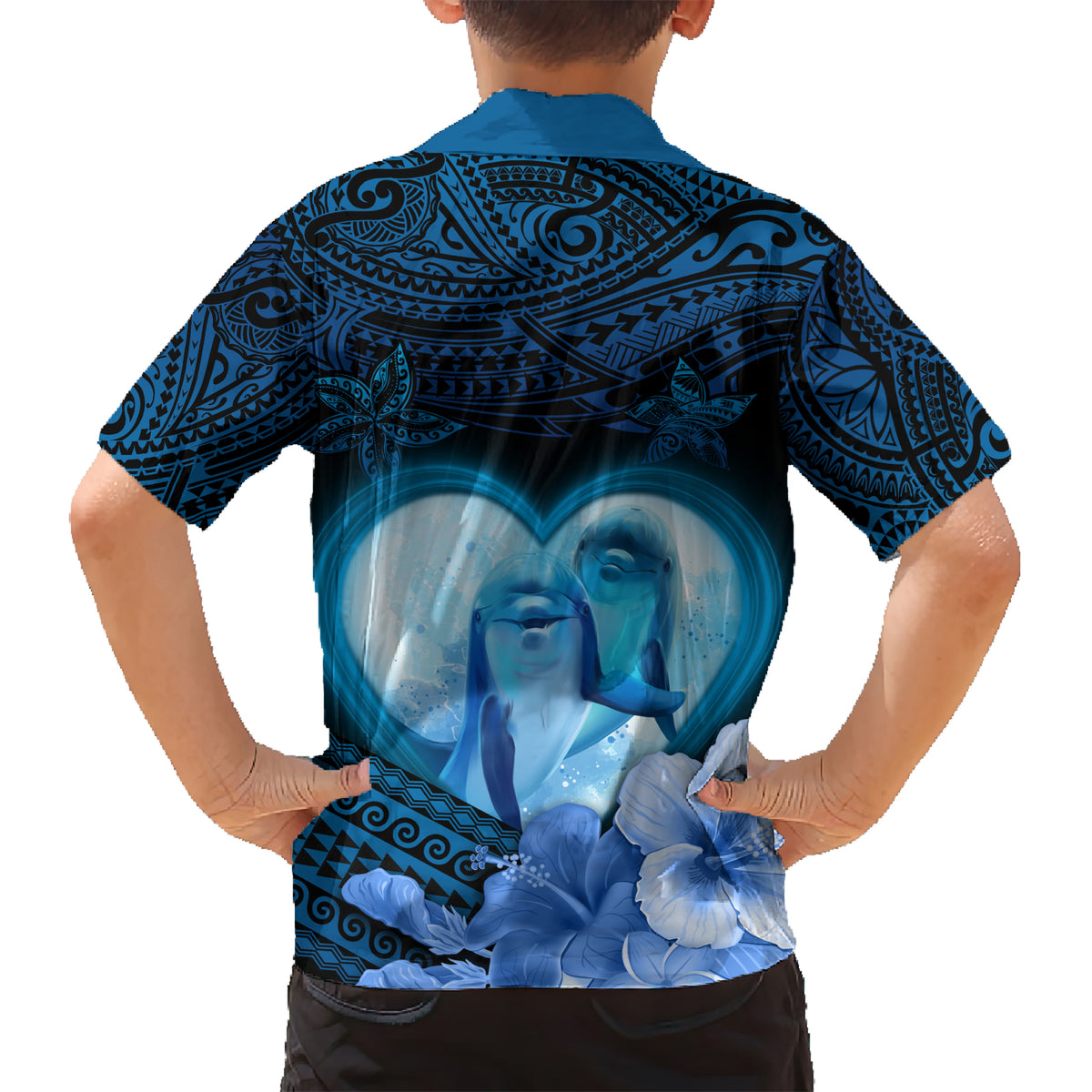 Dolphin Couple Love Story Valentine Day Kid Hawaiian Shirt With Polynesian Tribal Tattoo Blue Style LT03 - Polynesian Pride