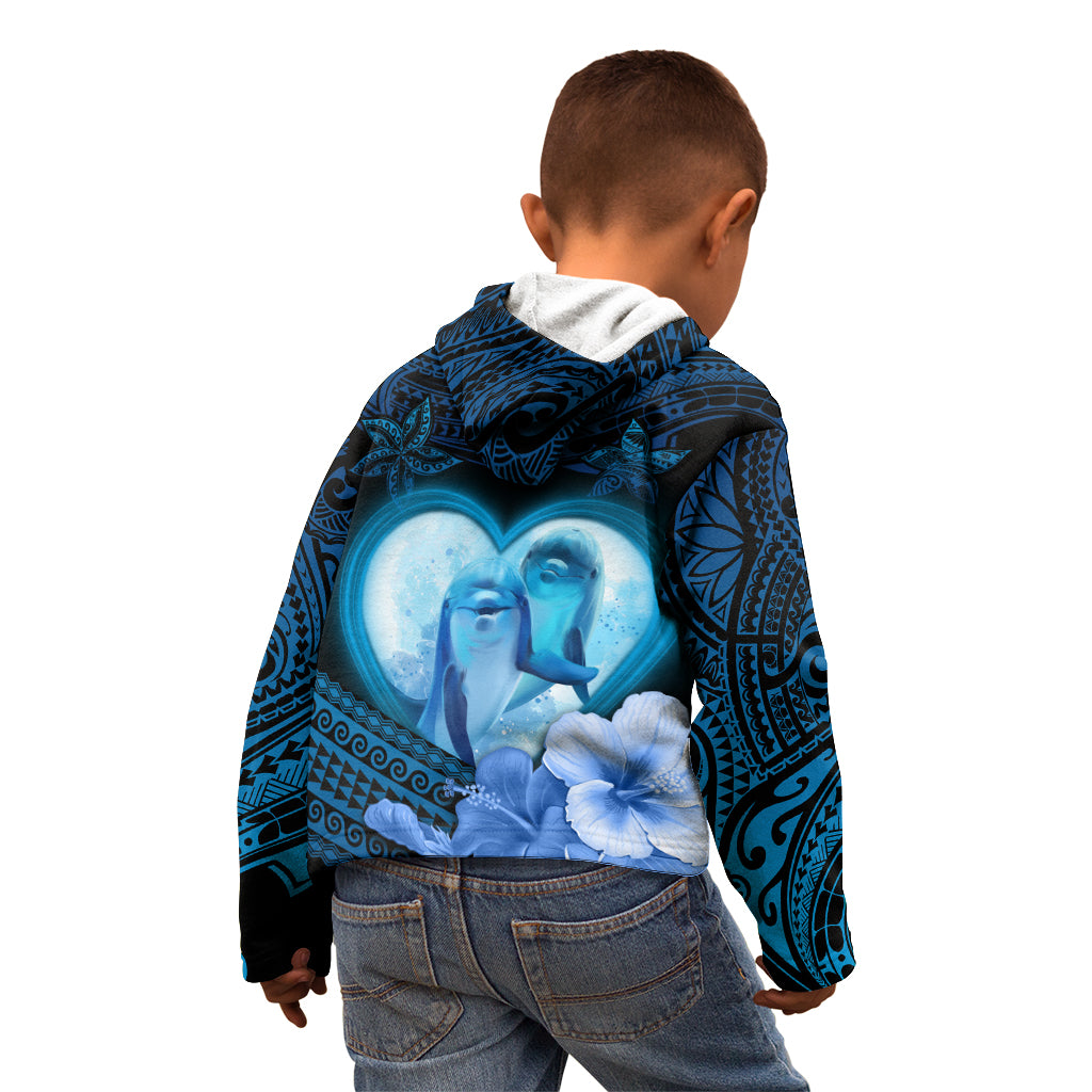 Dolphin Couple Love Story Valentine Day Kid Hoodie With Polynesian Tribal Tattoo Blue Style LT03 - Polynesian Pride