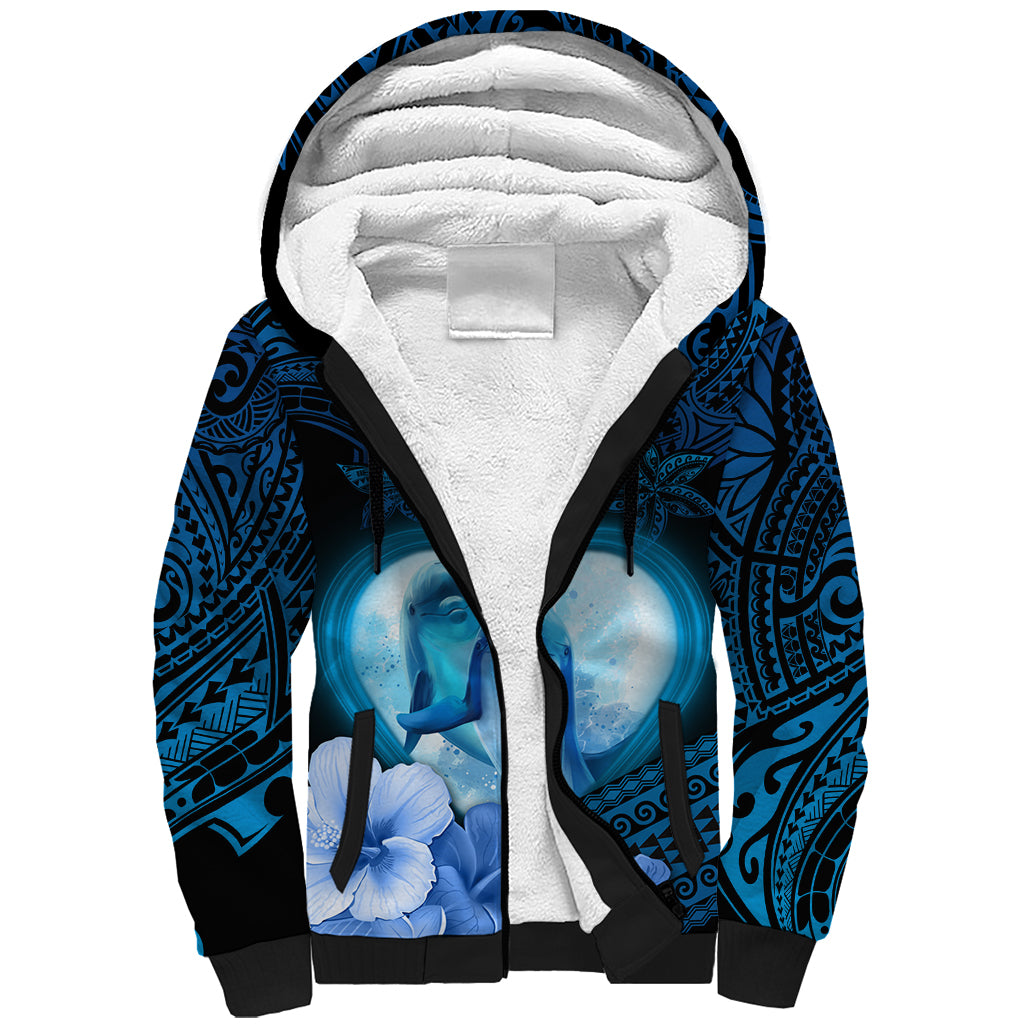 Dolphin Couple Love Story Valentine Day Sherpa Hoodie With Polynesian Tribal Tattoo Blue Style LT03 Unisex Blue - Polynesian Pride