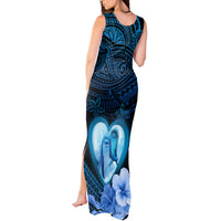 Dolphin Couple Love Story Valentine Day Tank Maxi Dress With Polynesian Tribal Tattoo Blue Style LT03 - Polynesian Pride