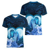 Dolphin Couple Love Story Valentine Day Women V Neck T Shirt With Polynesian Tribal Tattoo Blue Style LT03 - Polynesian Pride