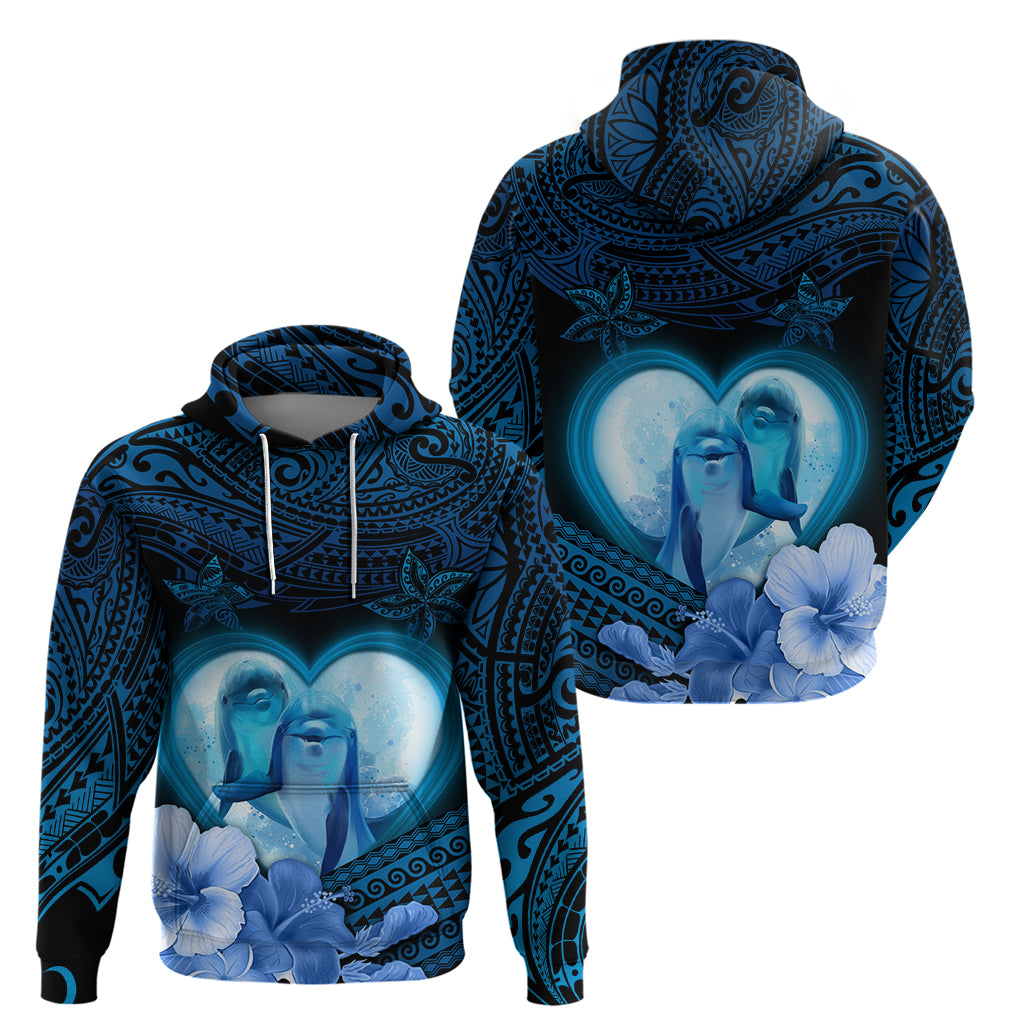 Dolphin Couple Love Story Valentine Day Zip Hoodie With Polynesian Tribal Tattoo Blue Style LT03 - Polynesian Pride