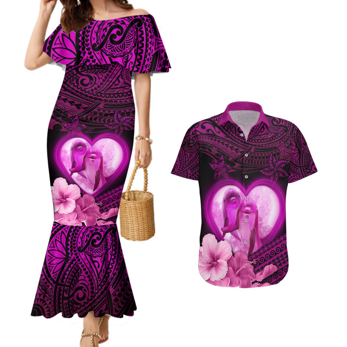 Dolphin Couple Love Story Valentine Day Couples Matching Mermaid Dress and Hawaiian Shirt With Polynesian Tribal Tattoo Pink Style LT03 Pink - Polynesian Pride