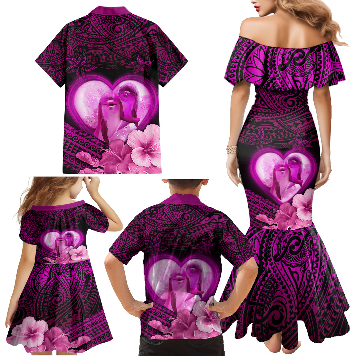 Dolphin Couple Love Story Valentine Day Family Matching Mermaid Dress and Hawaiian Shirt With Polynesian Tribal Tattoo Pink Style LT03 - Polynesian Pride