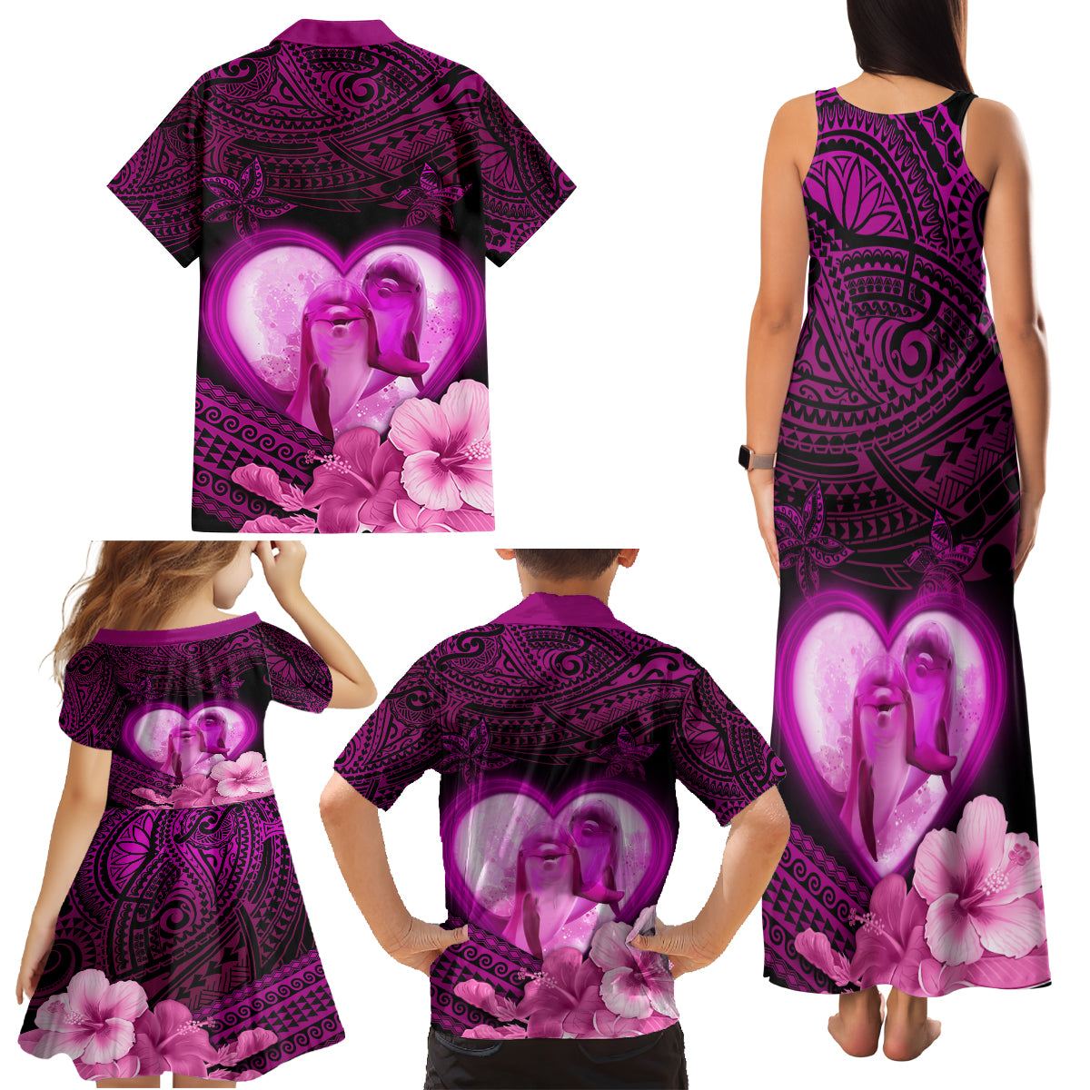 Dolphin Couple Love Story Valentine Day Family Matching Tank Maxi Dress and Hawaiian Shirt With Polynesian Tribal Tattoo Pink Style LT03 - Polynesian Pride