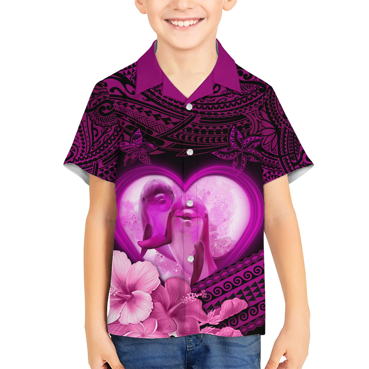 Dolphin Couple Love Story Valentine Day Kid Hawaiian Shirt With Polynesian Tribal Tattoo Pink Style LT03 Kid Pink - Polynesian Pride