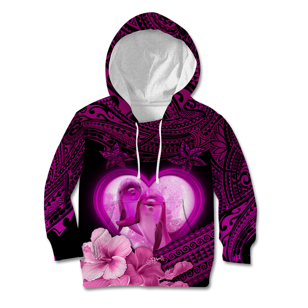 Dolphin Couple Love Story Valentine Day Kid Hoodie With Polynesian Tribal Tattoo Pink Style LT03 Hoodie Pink - Polynesian Pride