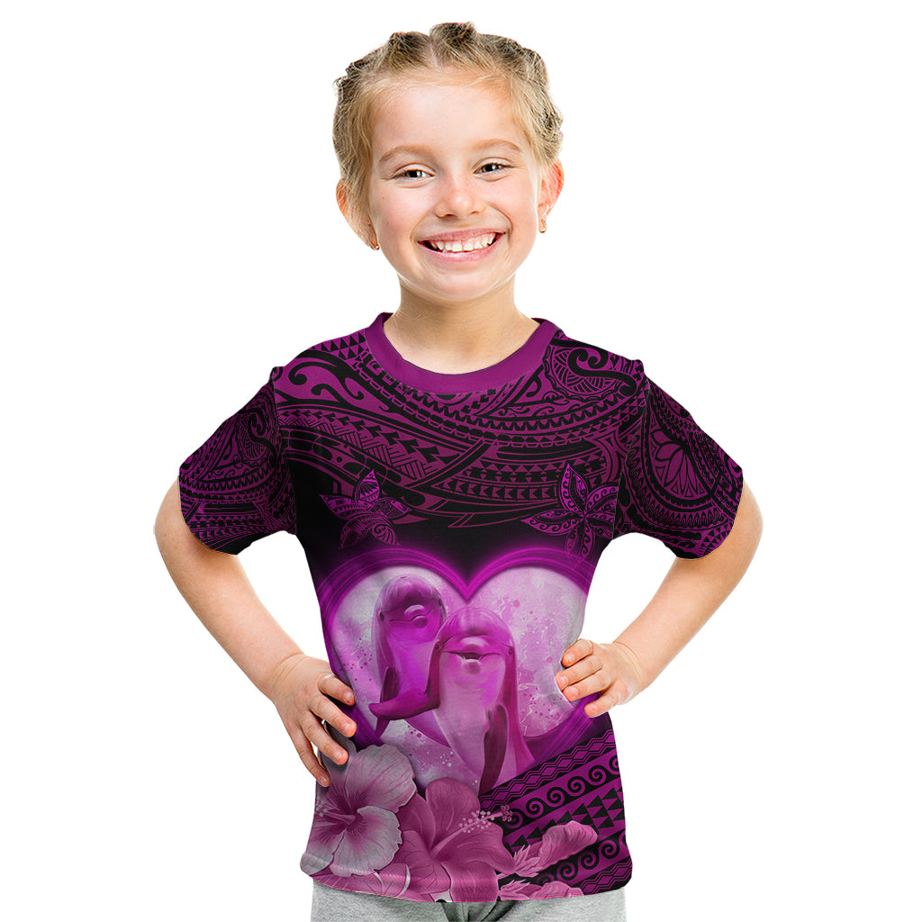 Dolphin Couple Love Story Valentine Day Kid T Shirt With Polynesian Tribal Tattoo Pink Style LT03 Pink - Polynesian Pride