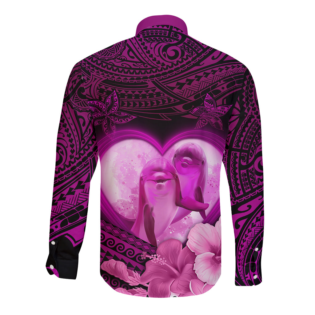 Dolphin Couple Love Story Valentine Day Long Sleeve Button Shirt With Polynesian Tribal Tattoo Pink Style LT03 - Polynesian Pride