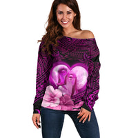 Dolphin Couple Love Story Valentine Day Off Shoulder Sweater With Polynesian Tribal Tattoo Pink Style LT03 Women Pink - Polynesian Pride
