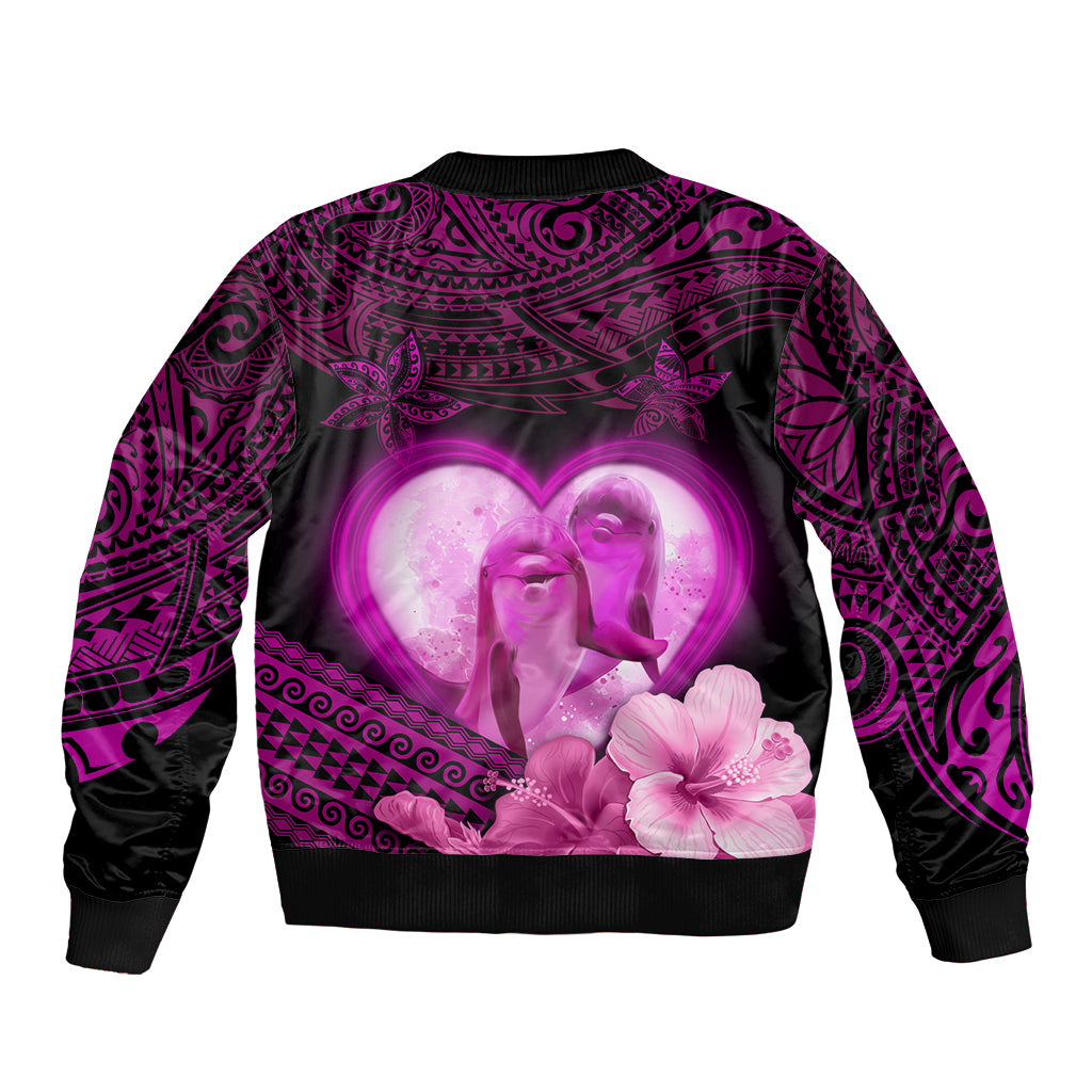 Dolphin Couple Love Story Valentine Day Sleeve Zip Bomber Jacket With Polynesian Tribal Tattoo Pink Style LT03 - Polynesian Pride
