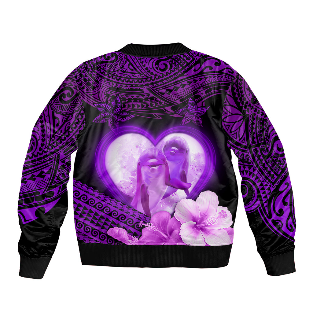 Dolphin Couple Love Story Valentine Day Bomber Jacket With Polynesian Tribal Tattoo Purple Style LT03 - Polynesian Pride