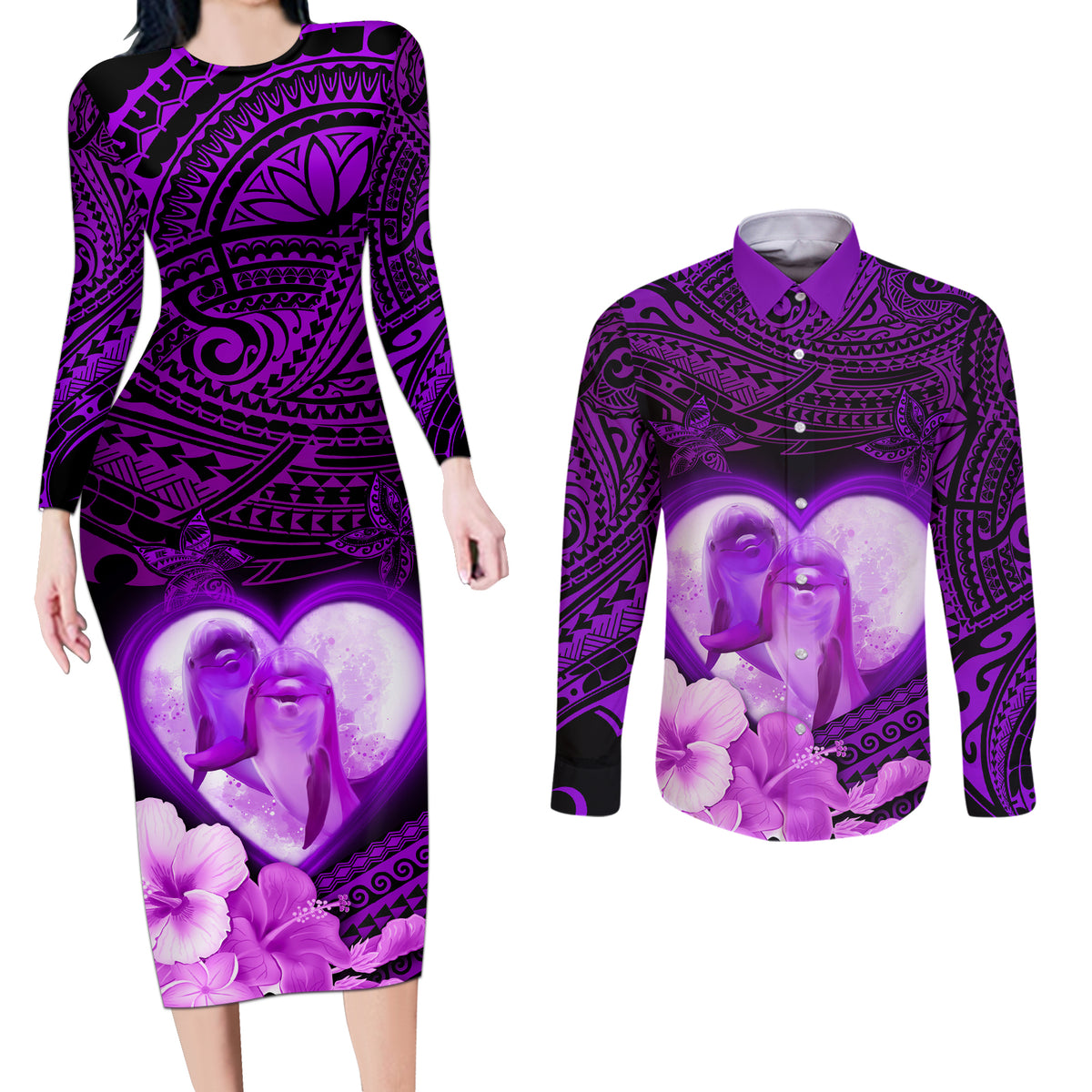 Dolphin Couple Love Story Valentine Day Couples Matching Long Sleeve Bodycon Dress and Long Sleeve Button Shirt With Polynesian Tribal Tattoo Purple Style LT03 Purple - Polynesian Pride