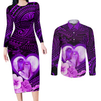 Dolphin Couple Love Story Valentine Day Couples Matching Long Sleeve Bodycon Dress and Long Sleeve Button Shirt With Polynesian Tribal Tattoo Purple Style LT03 Purple - Polynesian Pride