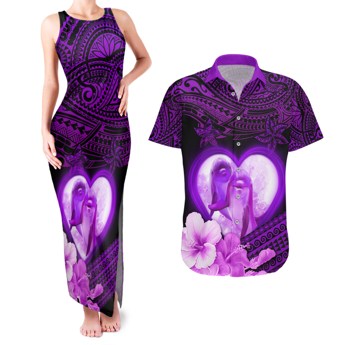 Dolphin Couple Love Story Valentine Day Couples Matching Tank Maxi Dress and Hawaiian Shirt With Polynesian Tribal Tattoo Purple Style LT03 Purple - Polynesian Pride