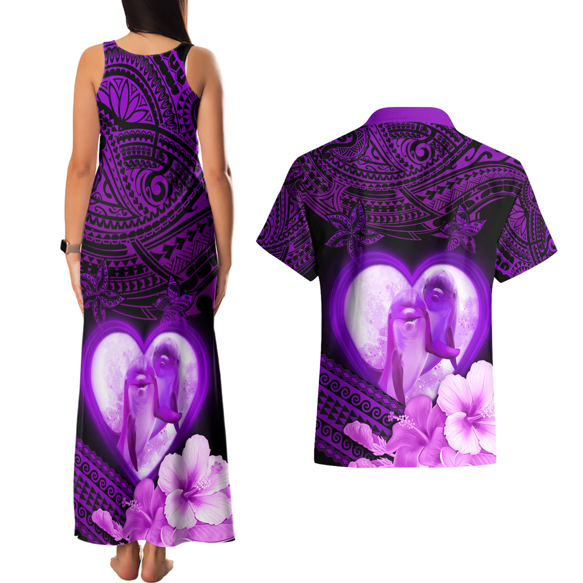Dolphin Couple Love Story Valentine Day Couples Matching Tank Maxi Dress and Hawaiian Shirt With Polynesian Tribal Tattoo Purple Style LT03 - Polynesian Pride