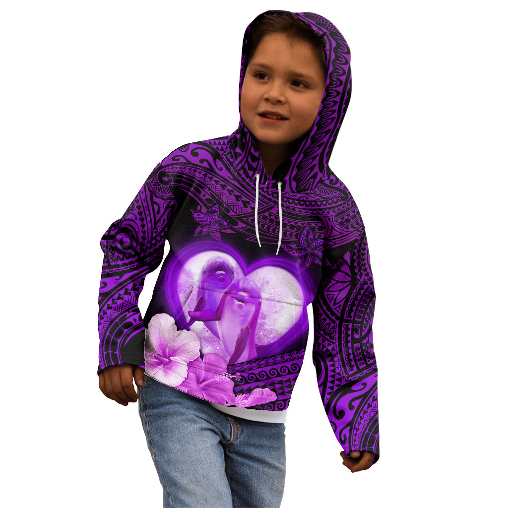 Dolphin Couple Love Story Valentine Day Kid Hoodie With Polynesian Tribal Tattoo Purple Style LT03 - Polynesian Pride