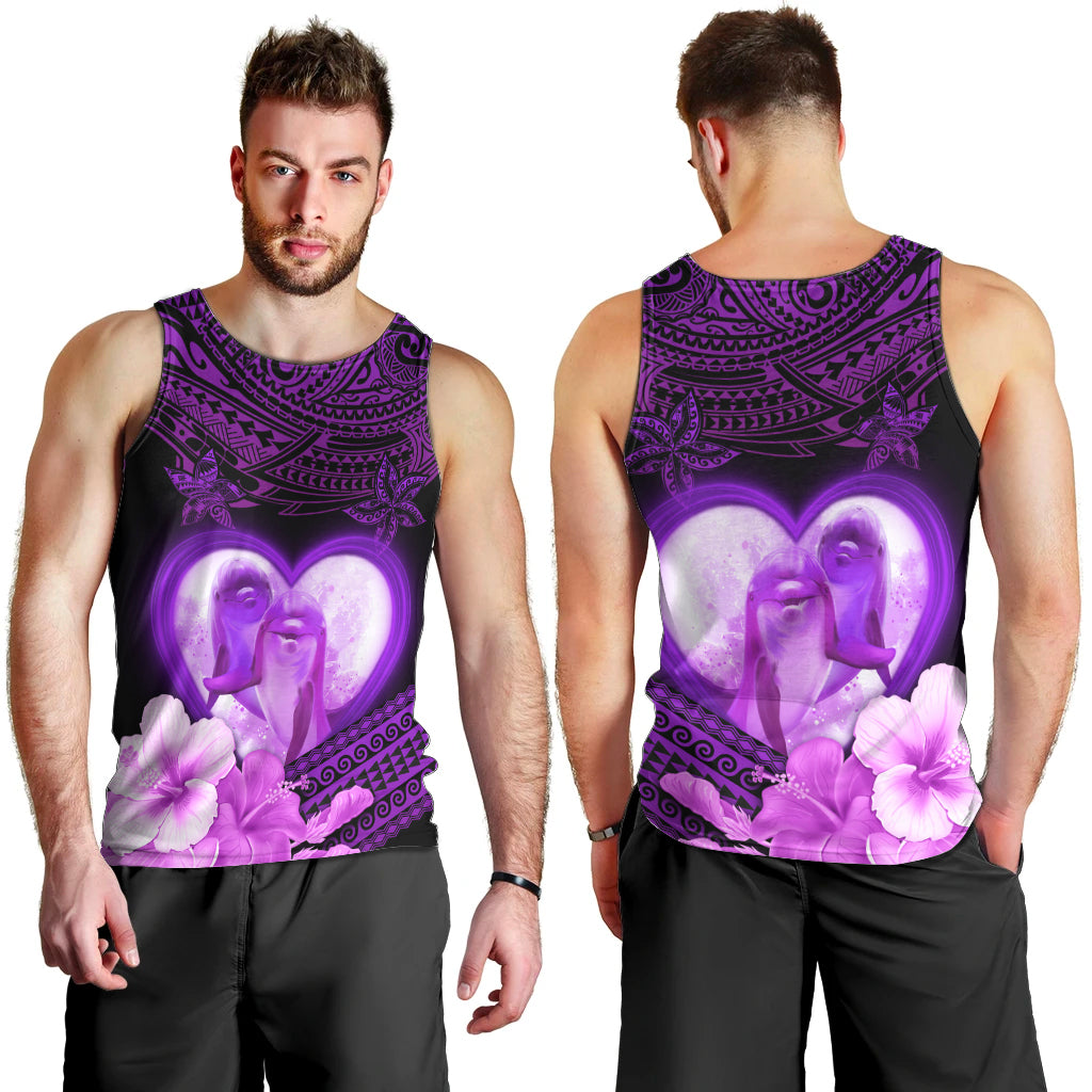 Dolphin Couple Love Story Valentine Day Men Tank Top With Polynesian Tribal Tattoo Purple Style LT03 - Polynesian Pride