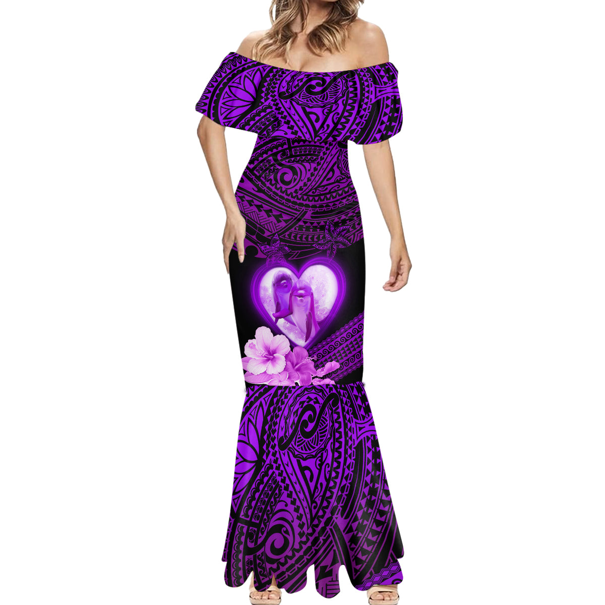 Dolphin Couple Love Story Valentine Day Mermaid Dress With Polynesian Tribal Tattoo Purple Style LT03 - Polynesian Pride