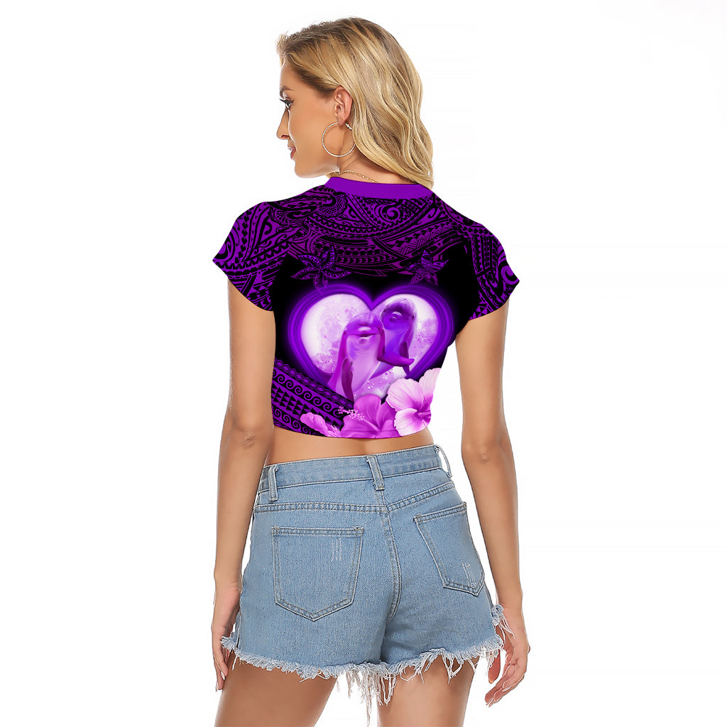 Dolphin Couple Love Story Valentine Day Raglan Cropped T Shirt With Polynesian Tribal Tattoo Purple Style LT03 - Polynesian Pride