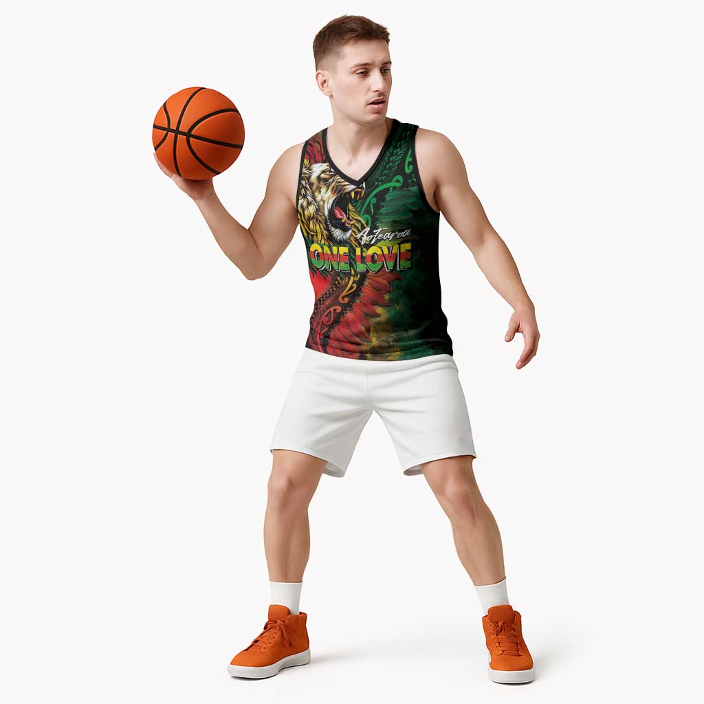 Aotearoa One Love Basketball Jersey Reggae Lion with Kakahu Huruhuru LT03 - Polynesian Pride