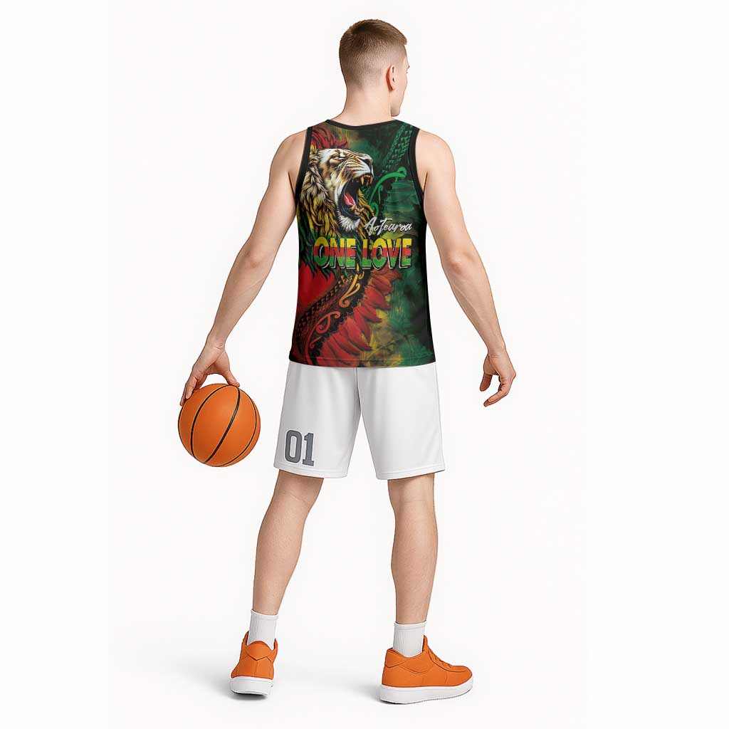 Aotearoa One Love Basketball Jersey Reggae Lion with Kakahu Huruhuru LT03 - Polynesian Pride