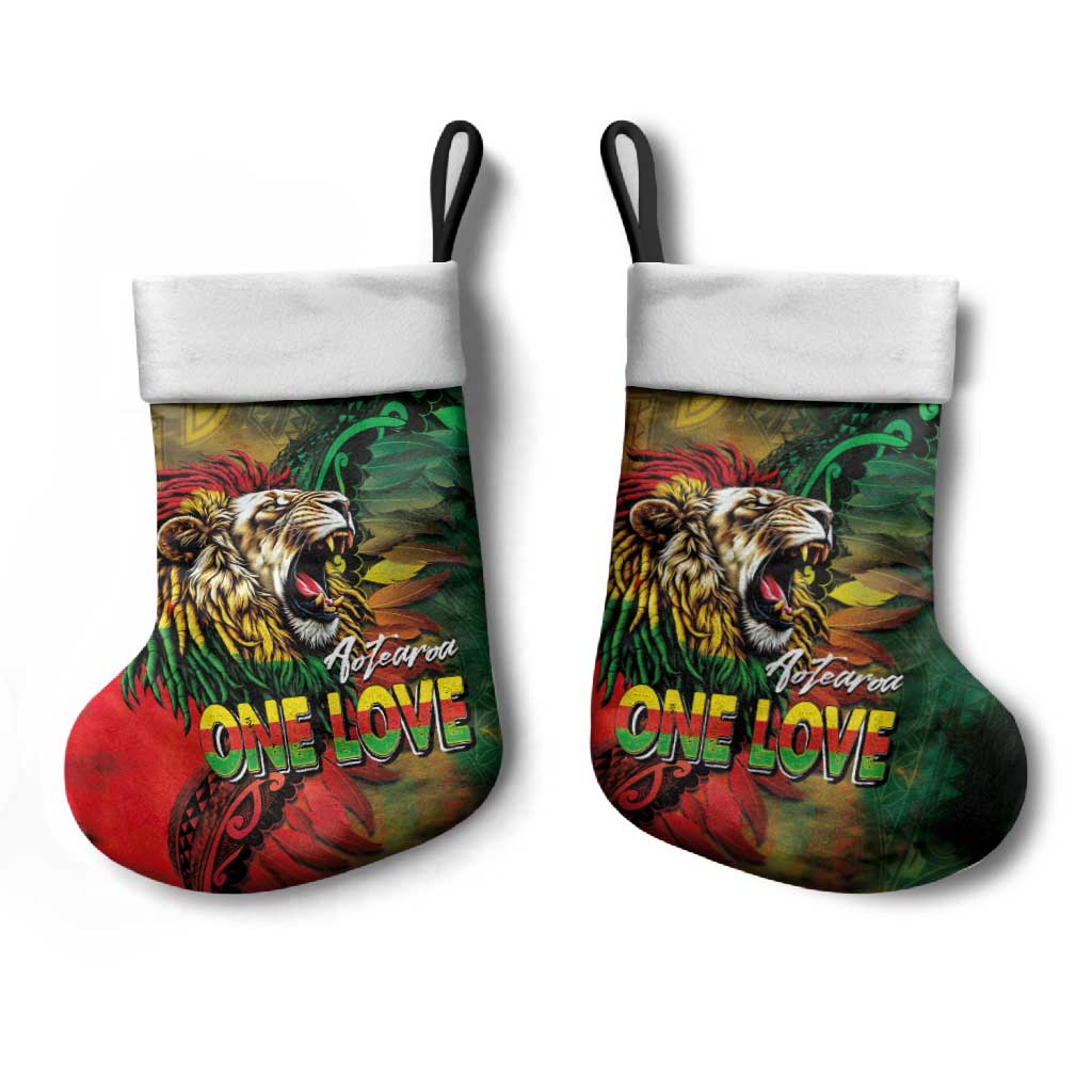 Aotearoa One Love Christmas Stocking Reggae Lion with Kakahu Huruhuru
