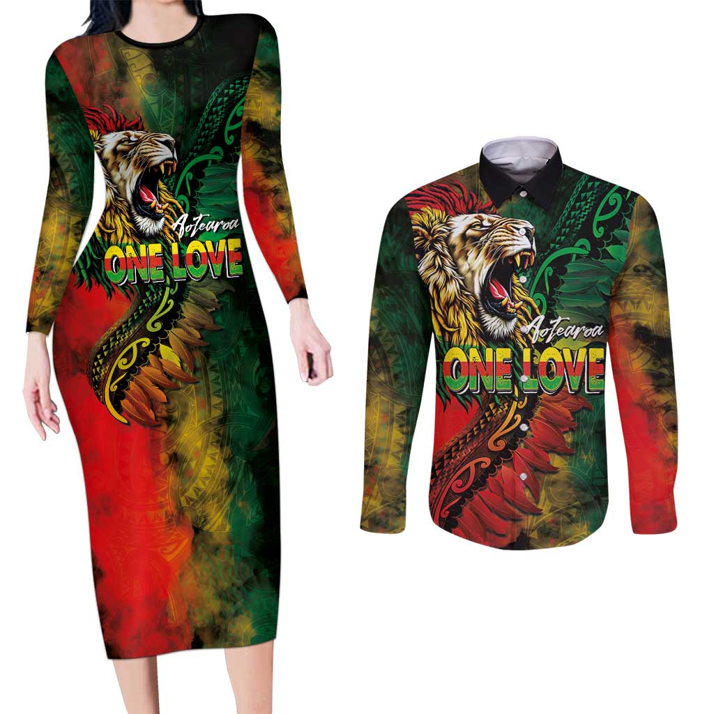 Aotearoa One Love Couples Matching Long Sleeve Bodycon Dress and Long Sleeve Button Shirt Reggae Lion with Kakahu Huruhuru