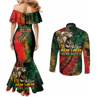Aotearoa One Love Couples Matching Mermaid Dress and Long Sleeve Button Shirt Reggae Lion with Kakahu Huruhuru