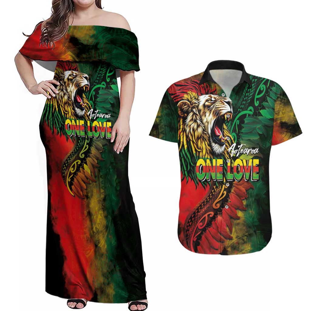 Aotearoa One Love Couples Matching Off Shoulder Maxi Dress and Hawaiian Shirt Reggae Lion with Kakahu Huruhuru LT03 Black - Polynesian Pride