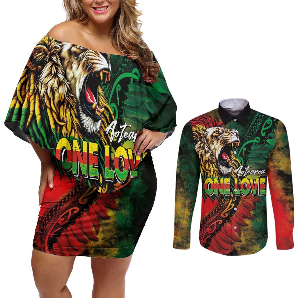 Aotearoa One Love Couples Matching Off Shoulder Short Dress and Long Sleeve Button Shirt Reggae Lion with Kakahu Huruhuru LT03 Black - Polynesian Pride