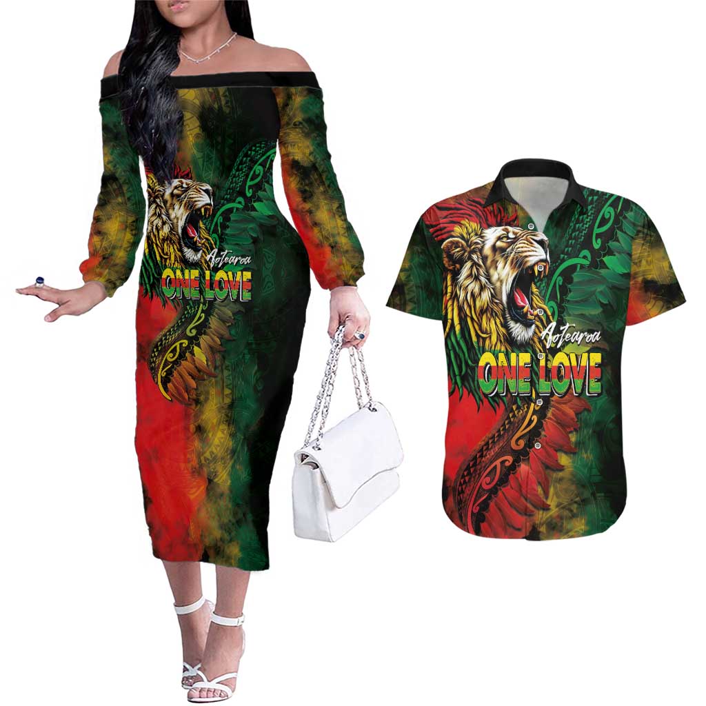 Aotearoa One Love Couples Matching Off The Shoulder Long Sleeve Dress and Hawaiian Shirt Reggae Lion with Kakahu Huruhuru