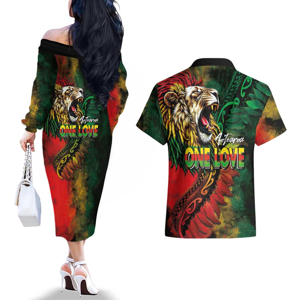 Aotearoa One Love Couples Matching Off The Shoulder Long Sleeve Dress and Hawaiian Shirt Reggae Lion with Kakahu Huruhuru