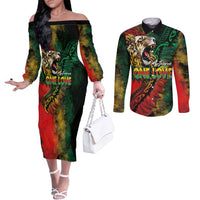 Aotearoa One Love Couples Matching Off The Shoulder Long Sleeve Dress and Long Sleeve Button Shirt Reggae Lion with Kakahu Huruhuru