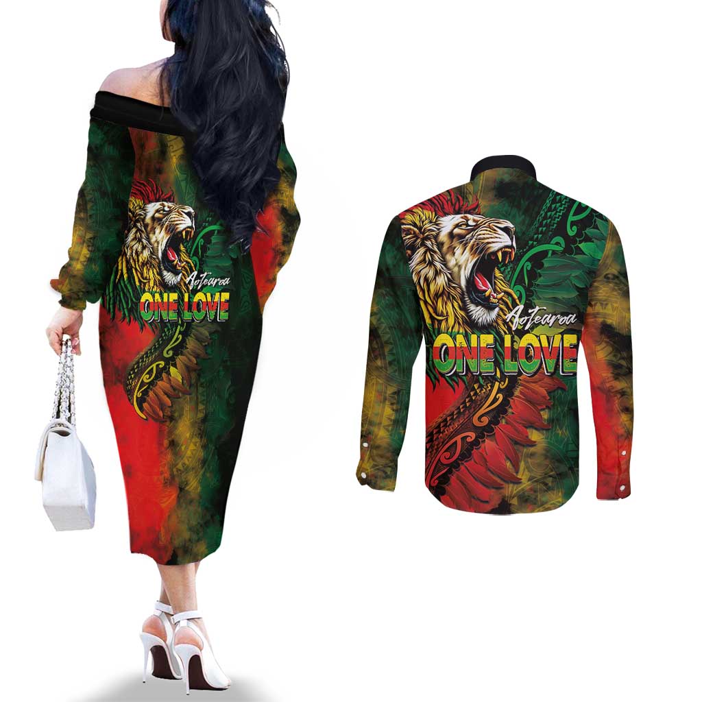 Aotearoa One Love Couples Matching Off The Shoulder Long Sleeve Dress and Long Sleeve Button Shirt Reggae Lion with Kakahu Huruhuru