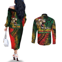 Aotearoa One Love Couples Matching Off The Shoulder Long Sleeve Dress and Long Sleeve Button Shirt Reggae Lion with Kakahu Huruhuru