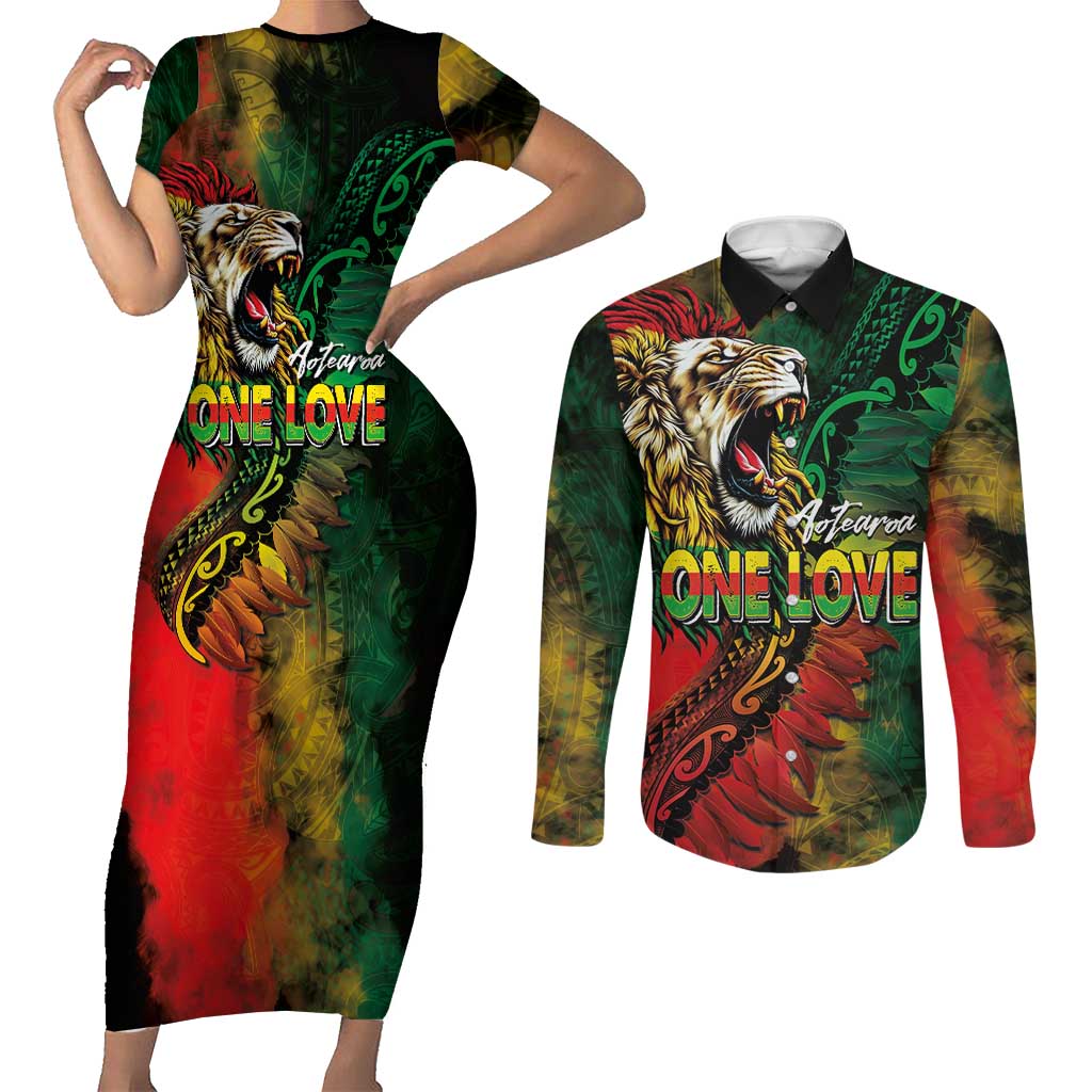Aotearoa One Love Couples Matching Short Sleeve Bodycon Dress and Long Sleeve Button Shirt Reggae Lion with Kakahu Huruhuru